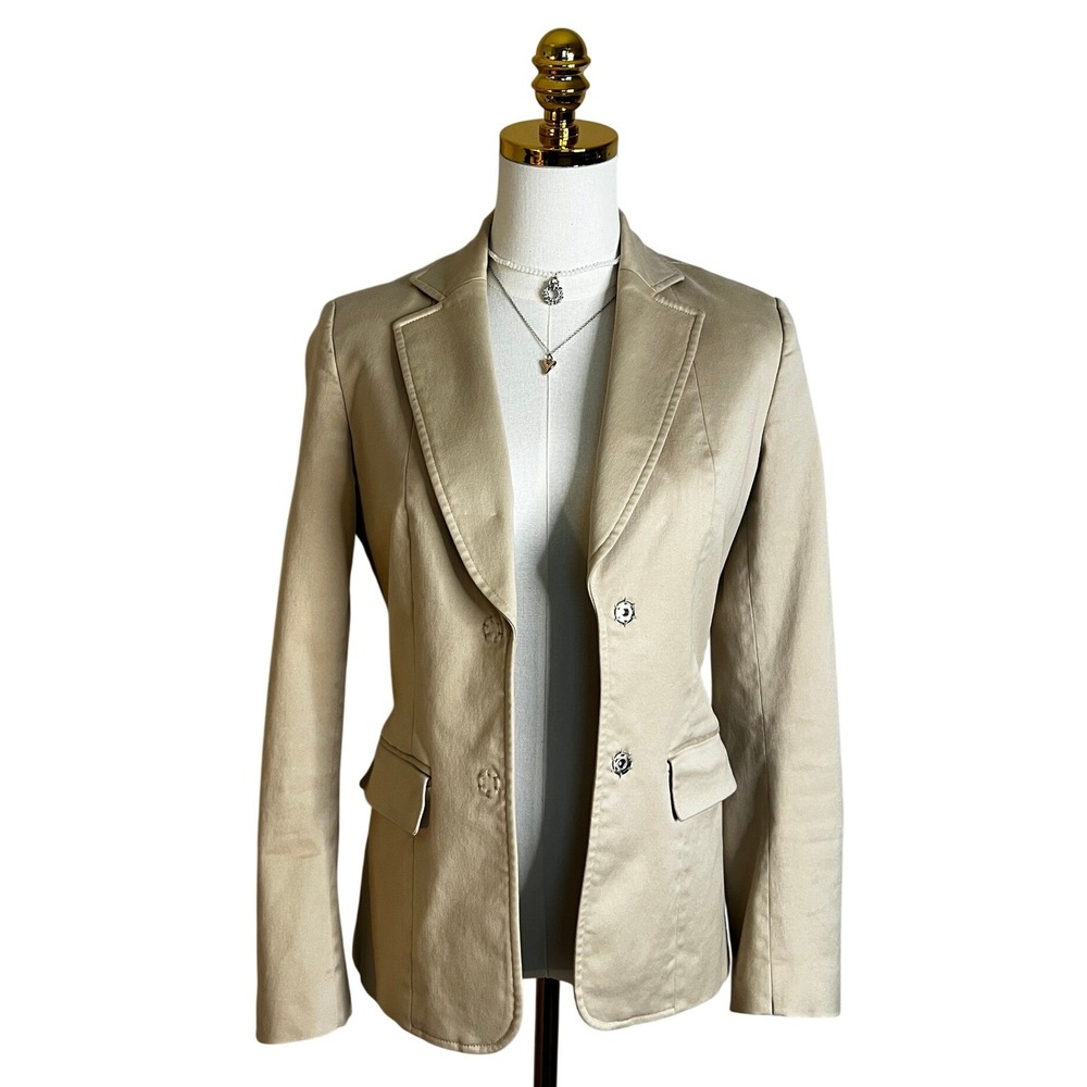 Beige Tan Tailored Snap Button Blazer Jacket with Flap Pockets